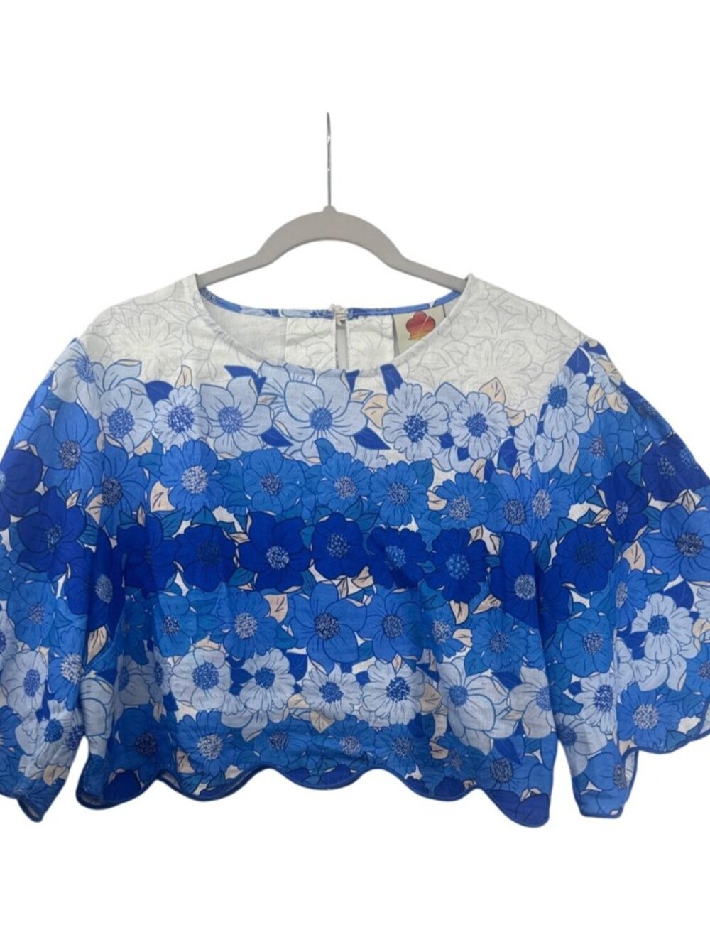 Farm Rio Women Top Sz L Blue/White Flower Stripes Crop Top Linen Floral Boho NWT - Picture 1 of 16